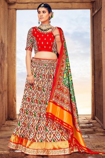 Digital Printed Organza Lehenga in Off White and Red : LHT93
