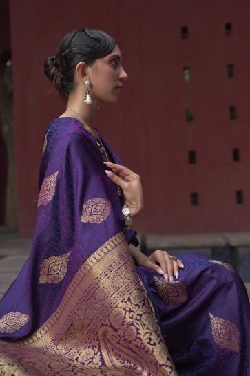 Weaving Work On Purple Saree In Febulous Satin Silk Fabric