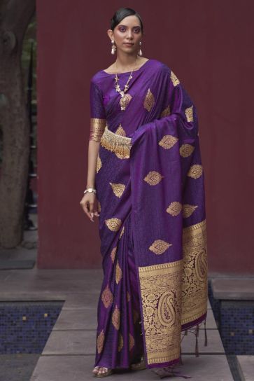 Weaving Work On Purple Saree In Febulous Satin Silk Fabric