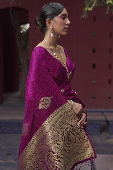 Ingenious Satin Silk Saree In Rani With Weaving Designs
