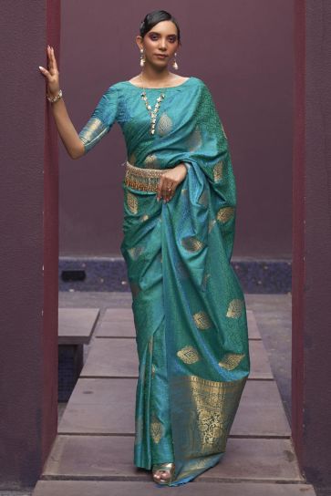 Weaving Work On Satin Silk Tempting Saree In Cyan Color