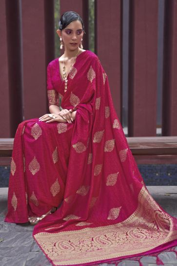 Awesome Weaving Work On Satin Silk Saree In Pink Color