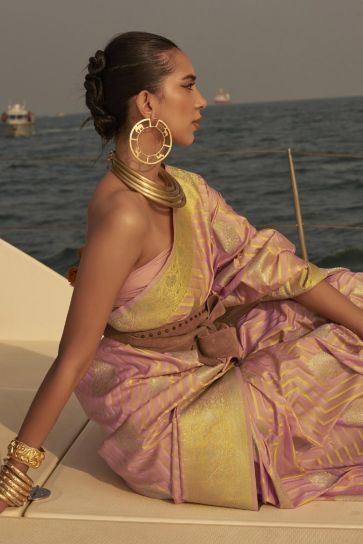 Satin Fabric Gorgeous Weaving Work Sangeet Wear Saree In Pink Color