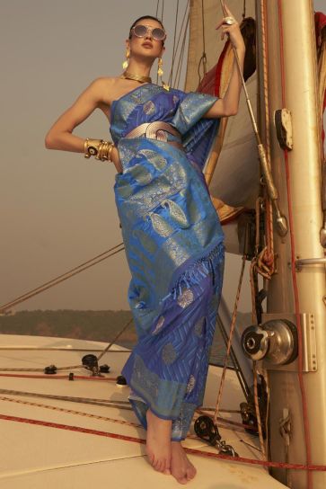 Function Wear Pretty Weaving Work Blue Saree In Satin Fabric