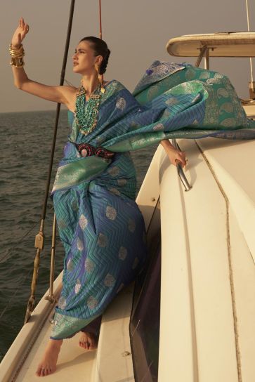 Satin Fabric Majestic Weaving Work Saree In Cyan Color