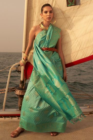 Glamorous Sea Green Color Satin Fabric Weaving Work Function Wear Saree