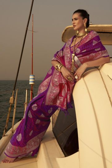 Purple Color Graceful Satin Fabric Weaving Work Festive Wear Saree