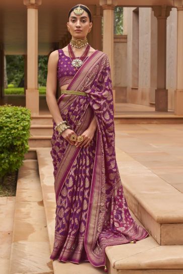 Soothing Printed Work On Purple Color Brasso Fabric Saree