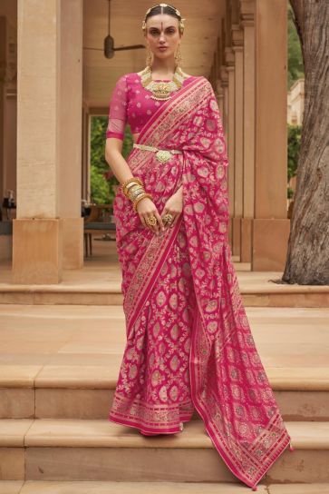 Beguiling Printed Work On Pink Color Brasso Fabric Saree