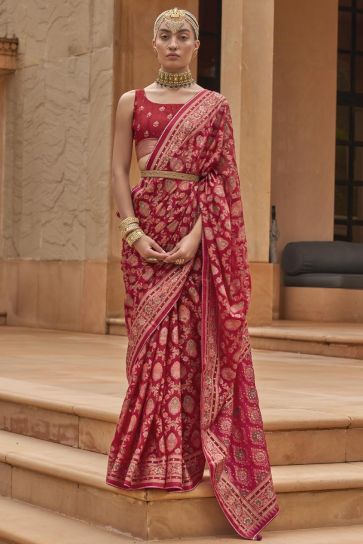 Tempting Brasso Fabric Red Color Saree With Printed Work