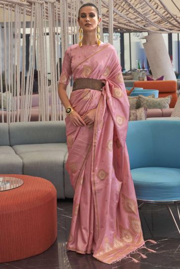 Amazing Pink Color Satin Fabric Function Wear Saree