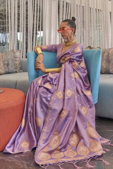 Satin Fabric Embellished Function Wear Purple Color Saree