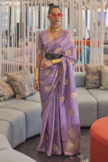 Satin Fabric Embellished Function Wear Purple Color Saree