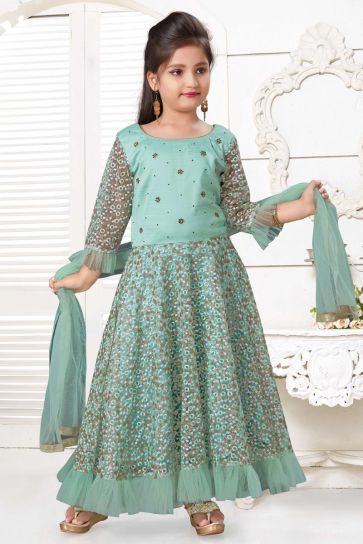 Sea Green Color Designer Function Wear Art Silk Fabric Gown