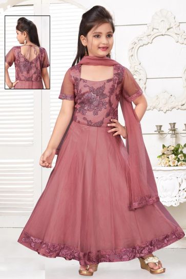 Function Wear Pink Color Net Fabric Gown For Girls