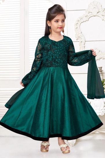 Girls Wear Teal Color Fancy Fabric Gown