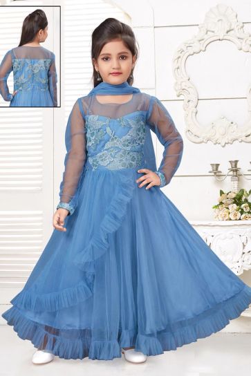 Girls Wear Party Style Blue Color Gown In Net Fabric