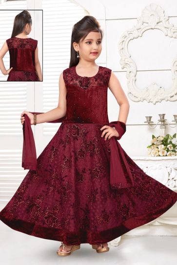Maroon Color Function Wear Fancy Fabric Gown For Girls