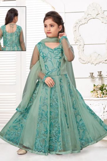 Trendy Sea Green Color Gown For Girls In Fancy Fabric