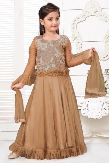 Girls Wear Party Style Chikoo Color Gown In Fancy Fabric