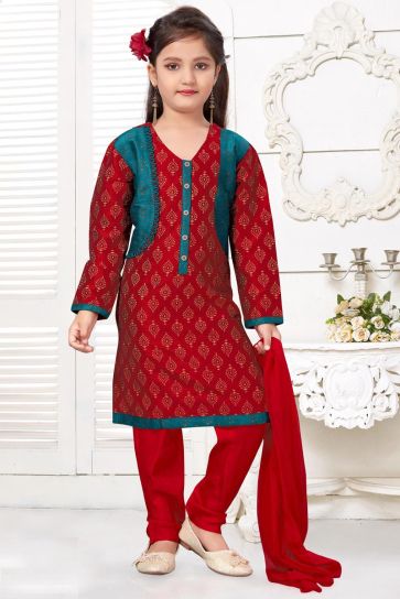 Function Wear Red Color Art Silk Fabric Salwar Suit For Girls