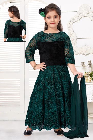 Teal Color Function Wear Gown For Girls In Fancy Fabric