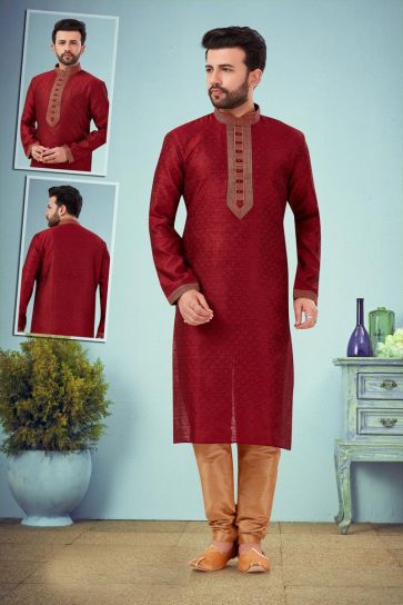 Function Wear Jacquard Fabric Kurta Pyjama In Maroon Color For Men