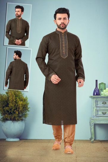 Mehendi Green Color Cotton Silk Fabric Function Wear Fancy Kurta Pyjama