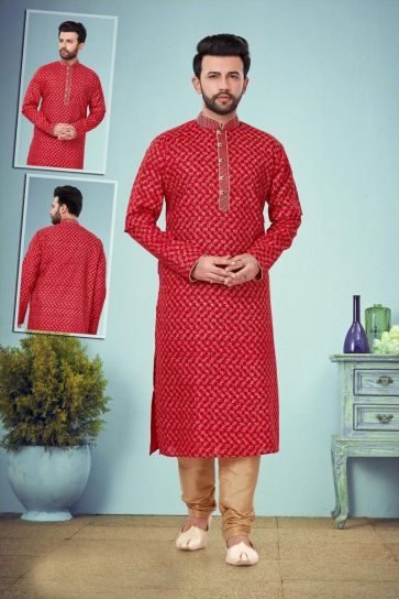 Cotton Silk Fabric Festive Wear Kurta Pyjama In Red Color