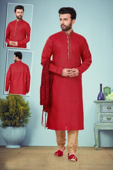 Festive Wear Stylish Kurta Pyjama In Red Color