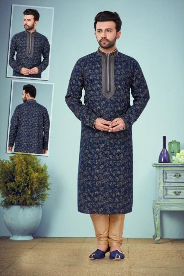 Function Wear Designer Kurta Pyjama In Navy Blue Color For Men