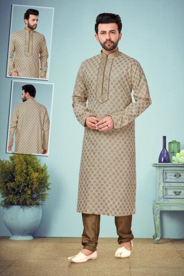 Sangeet Wear Kurta Pyjama In Cream Color For Men