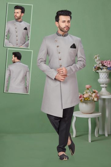 Fancy Fabric Grey Color Wedding Wear Indo Western