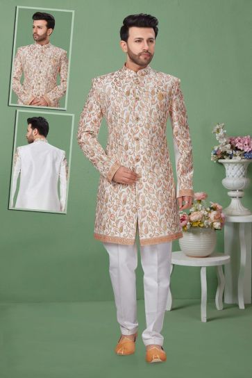 Off White Color Dupion Silk Fabric Designer Indo Western