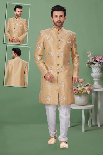Mens Function Wear Dupion Silk Fabric Golden Color Indo Western