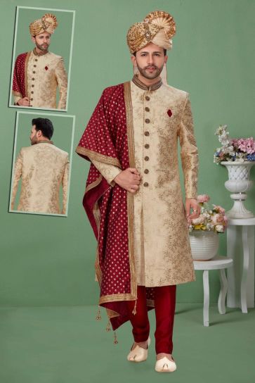 Jacquard Fabric Wedding Wear Stylish Groom Sherwani In Beige Color