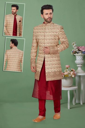 Wedding Wear Indo Western In Beige Color For Men