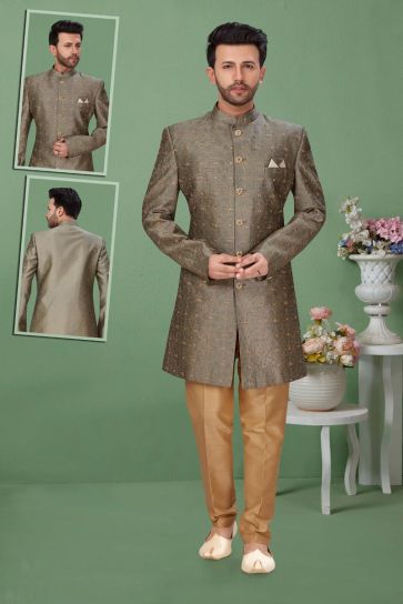 Wedding Wear Indo Western In Dark Beige Color For Men