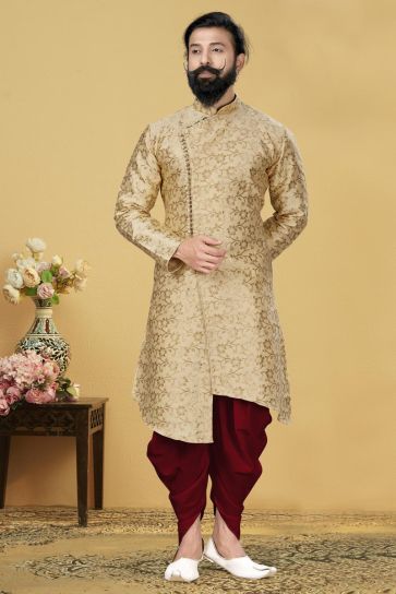 Beige Color Jacquard Silk Fabric Function Wear Designer Dhoti Style Indo Western For Men