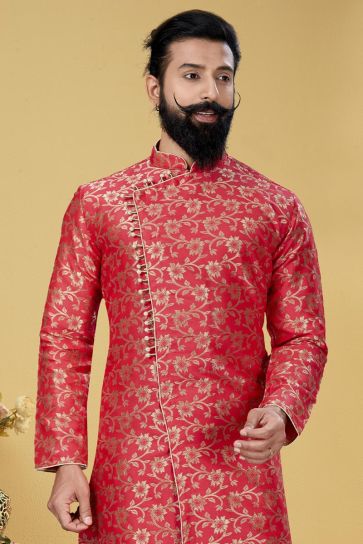 Pink Color Jacquard Silk Fabric Wedding Wear Designer Indo Western For Men