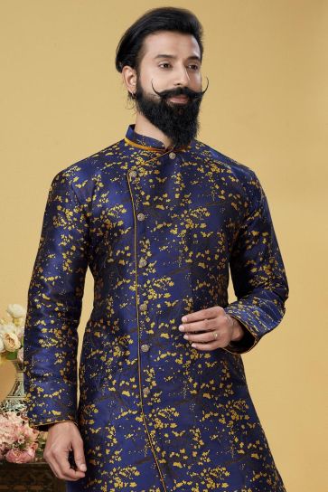 Navy Blue Color Art Silk Fabric Reception Wear Designer Dhoti Style Indo Western For Men