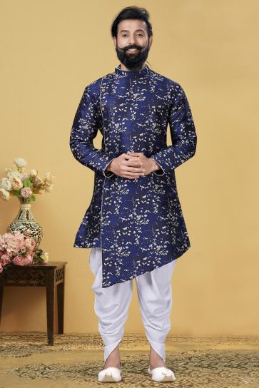 Navy Blue Color Art Silk Fabric Function Wear Designer Dhoti Style Indo Western For Men