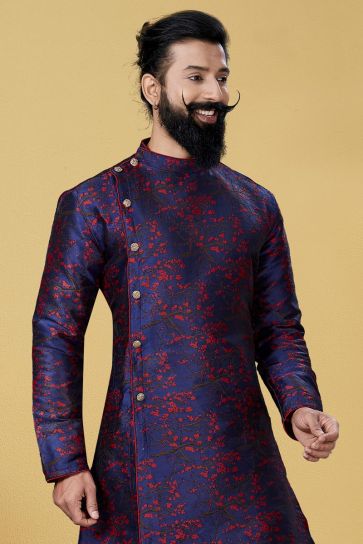 Navy Blue Color Art Silk Fabric Sangeet Wear Designer Indo Western For Men