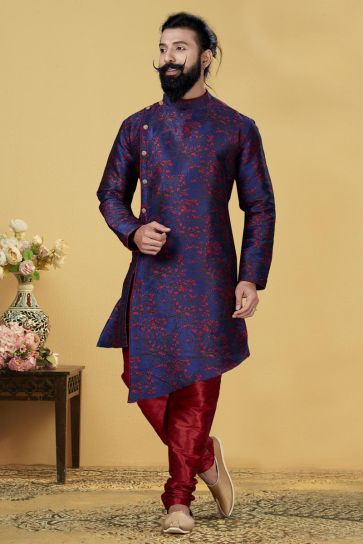 Navy Blue Color Art Silk Fabric Sangeet Wear Designer Indo Western For Men
