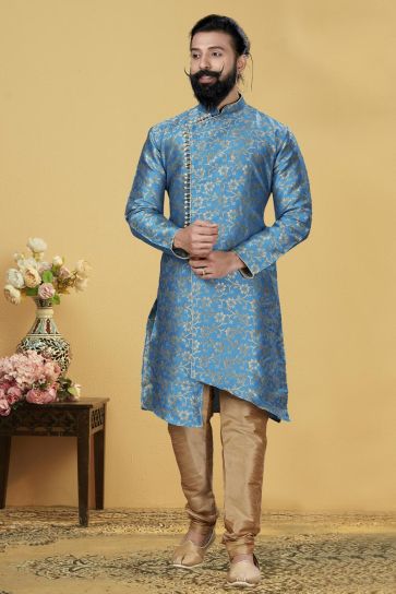 Sky Blue Color Jacquard Silk Fabric Reception Wear Designer Indo Western For Men