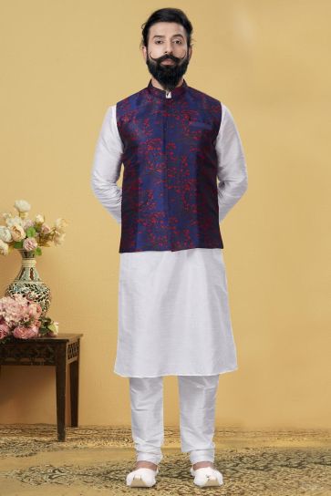 White Color Dhupion Silk Fabric Sangeet Wear Designer Kurta Pyjama With Digital Print Jacket