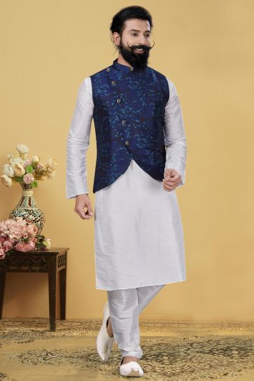 White Color Dhupion Silk Fabric Wedding Wear Designer Kurta Pyjama With Digital Print Jacket