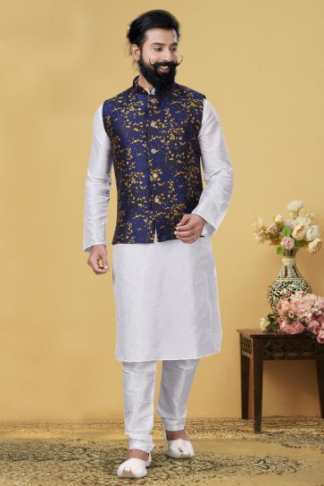 White Color Dhupion Silk Fabric Reception Wear Designer Kurta Pyjama With Digital Print Jacket
