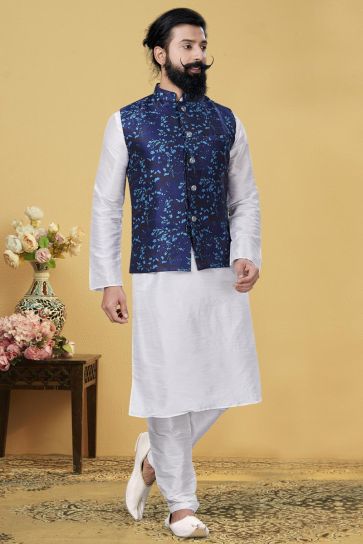 Dhupion Silk Fabric Function Wear Designer Kurta Pyjama With Digital Print Jacket