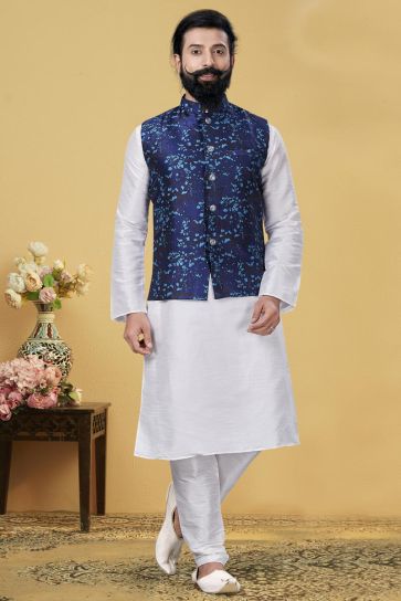 Dhupion Silk Fabric Function Wear Designer Kurta Pyjama With Digital Print Jacket